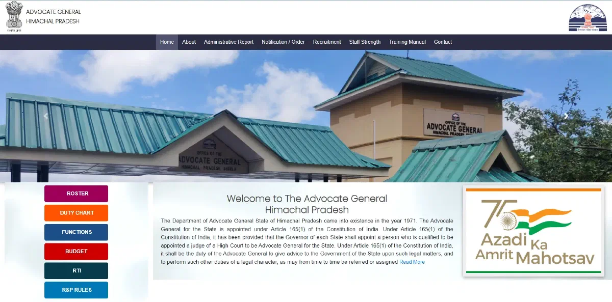 Office of the Advocate General Himachal Pradesh homepage, showing the roster, duty chart and budget quick links