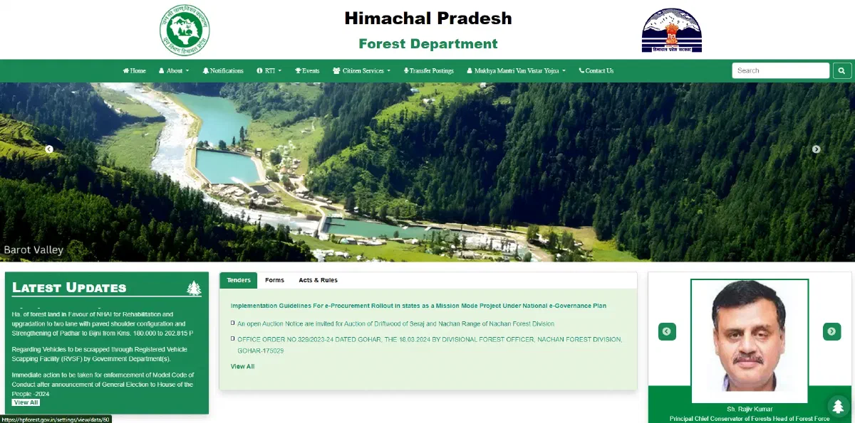 Himachal Pradesh Forest Department homepage, showing the Barot Valley banner above tender, forms and latest-updates panels
