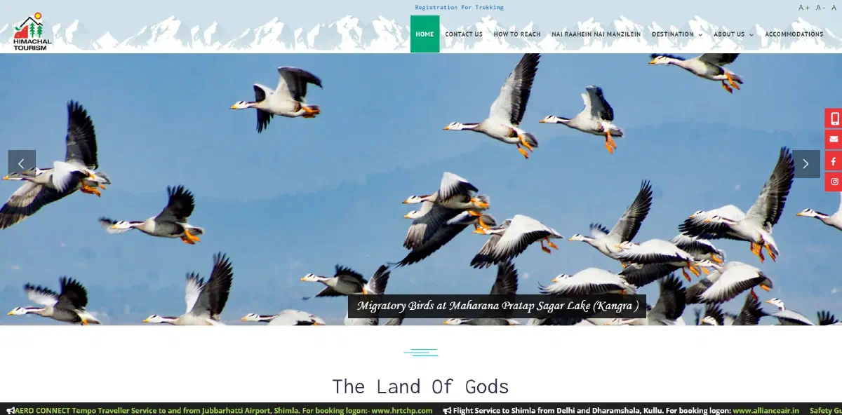 Himachal Pradesh Tourism homepage, showing the migratory birds feature banner and the trekking registration link
