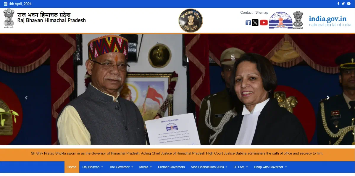 Raj Bhawan Himachal Pradesh homepage, showing the Governor's swearing-in feature banner above the main navigation